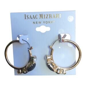 Isaac Mizrahi NWT Gold Tone Clear Rhinestones Black Stones Hoop Earrings